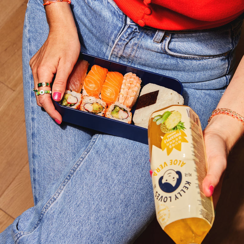 Aloe Vera Pineapple Drink with Sushi, Healthy Korean beverage, sugar-free Aloe Vera Pineapple Drink image, Vegan Drink, Low Calorie Drink, Asian Aloe Vera Pineapple Drink, Kelly Loves Bento Box