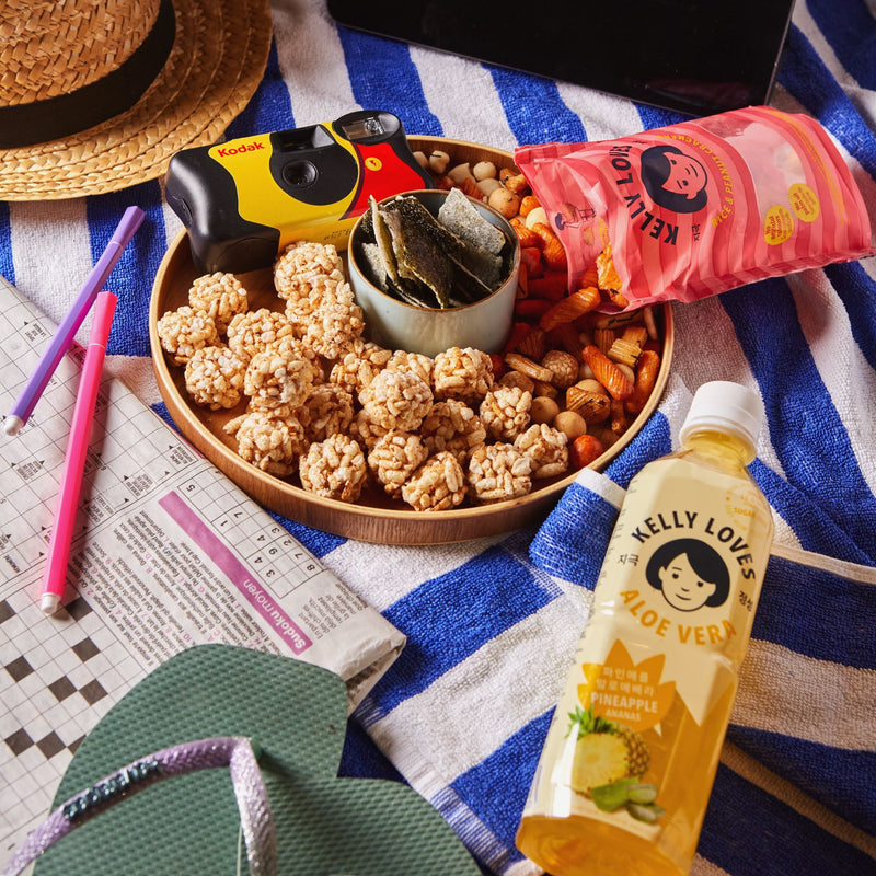 Aloe Vera Pineapple Drink with snacks, Kelly Loves Brown Rice Snacks and Kelly Loves Rice and Peanut Crackers snacks, Healthy Korean beverage, sugar-free Aloe Vera Pineapple Drink image, Vegan Drink, Low Calorie Drink, Asian Aloe Vera Pineapple Drink
