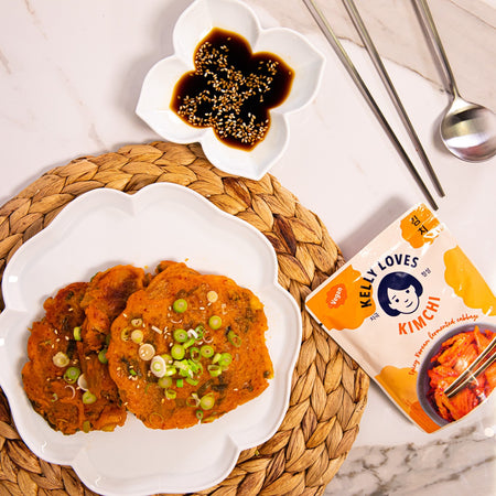 Kelly Loves Kimchi with Korean Kimchi pancake and Soy Sauce
